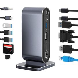 Adapter Type C na LAN Gb, SD card, TF, PD, Type C, 4xUSB 3.0, Audio, HDMI i VGA 12 u 1 sa postoljem.