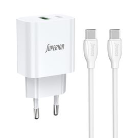 Kucni punjac Superior SU-P102 20W Super Fast USB A QC3.0+Type C sa Type C na Type C kablom beli (CERT) (MS).