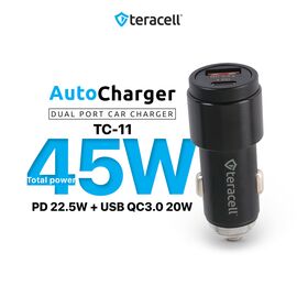 Auto punjac Teracell Evolution TC-11 PD 22.5W + USB QC3.0 20W, 45W (total) sa Type C kablom crni.