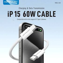 Data kabl KONFULON DC61 PD 60W Super Fast Charge - iPhone 15 Type C na Type C beli 1m.