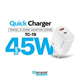 Kucni punjac Teracell Evolution TC-19, GAN, QC, PD Fast charging 45W sa PD type C kablom beli CE.