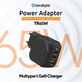 Punjac univerzalni Terabyte TR65W, GaN, PPS, PD 3.0, QC 3.0, 65W sa PD Type c kablom crni CE.