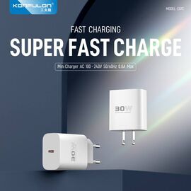 Kucni punjac KONFULON C87c + DL50, 30W, sa PD kablom Type C na iPhone lightning beli.