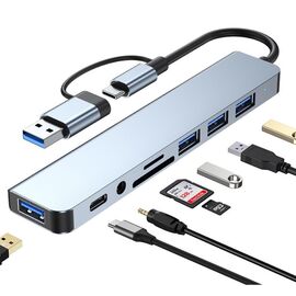 Adapter Type C - USB 3.0 JWD na 3x USB 2.0, PD, 3.5mm, SD, TF, USB 3.0 8 u 1 sivi.