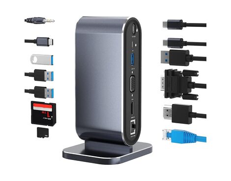 Adapter Type C na LAN Gb, SD card, TF, PD, Type C, 4xUSB 3.0, Audio, HDMI i VGA 12 u 1 sa postoljem.