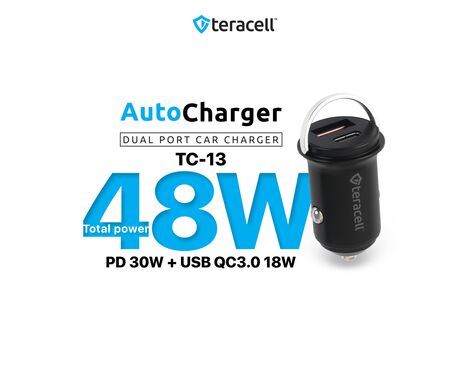Auto punjac Teracell Evolution TC-13 PD 30W + USB QC3.0 18W, 48W (total) sa Lightning kablom crni.