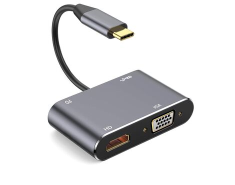 Adapter Type C na HDMI VGA PD USB3.0 4 u 1 sivi.