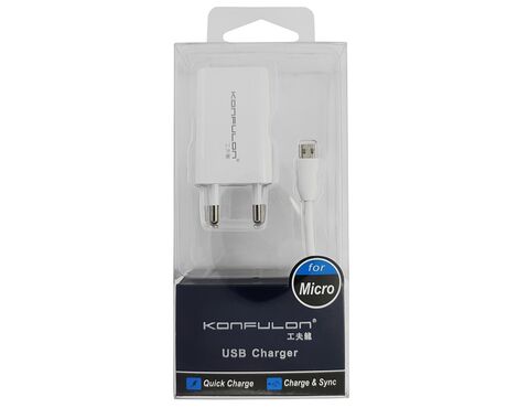 Kucni punjac KONFULON C13+S02 5V 1A sa micro USB kablom beli.