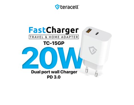 Kucni punjac Teracell Evolution TC-15GP, QC 3.0, PD 3.0, 20W sa PD iPhone lightning kablom beli.