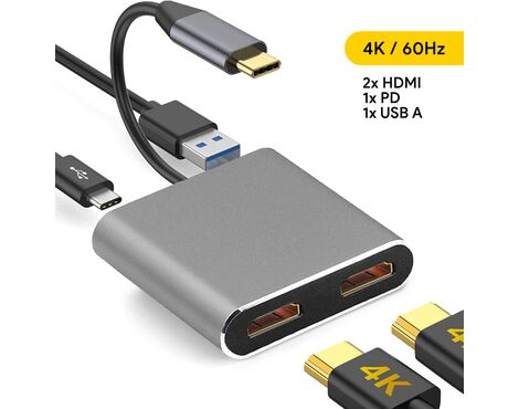 Adapter Type C na 2xHDMI PD USB3.0 4 u 1 sivi.