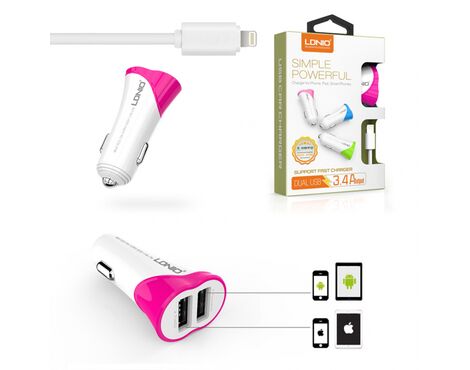 Auto punjac LDNIO C332 dual USB 3.4A sa iPhone lightning kablom pink.