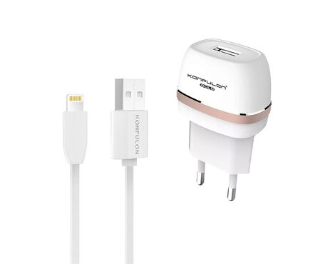 Kucni punjac KONFULON C25+S05 USB 5V 1A sa iPhone lightning kablom beli.