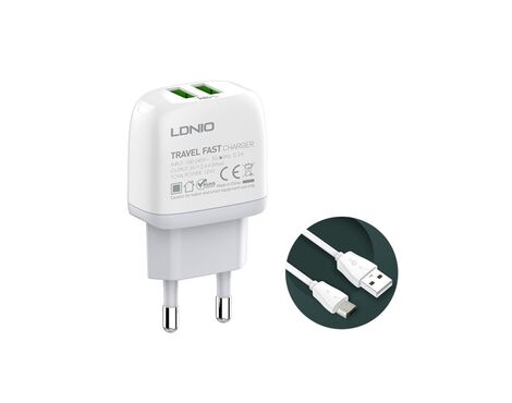 Kucni punjac LDNIO A2219 2xUSB 5V 2.4A 12W sa micro USB kablom beli.