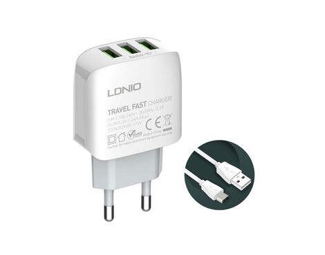 Kucni punjac LDNIO A3312 3xUSB 5V 3.4A 17W sa micro USB kablom beli.