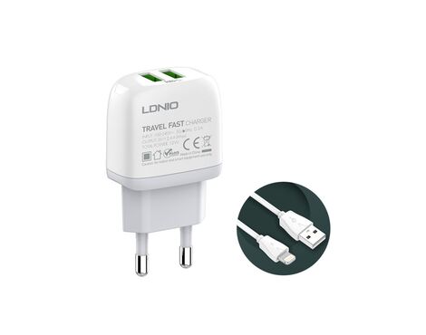 Kucni punjac LDNIO A2219 2xUSB 5V 2.4A 12W sa iPhone lightning kablom beli.