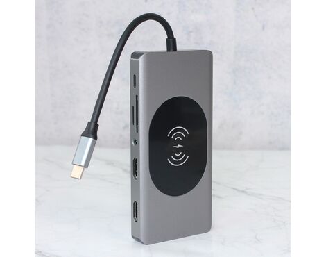 Adapter Type C na LAN Gb, Wireless PC, SD card, TF, Type C, 3xUSB 3.0, 2xUSB 2.0, Audio, 2xHDMI i VGA 14 u 1 20cm kabl.