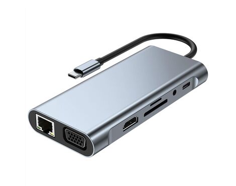 Adapter Type C na LAN Gb, SD card, TF, Type C, 3xUSB 3.0, Audio, HDMI i VGA 10 u 1 20cm kabl.