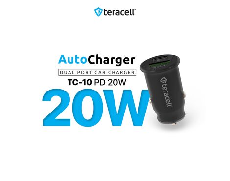 Auto punjac Teracell Evolution TC-10 PD 20W, USB QC3.0 15W sa Type C kablom crni.