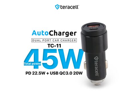 Auto punjac Teracell Evolution TC-11 PD 22.5W + USB QC3.0 20W, 45W (total) sa PD Type C kablom crni.