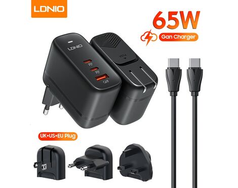 Kucni punjac sa adapterima LDNIO Q366 GaN QC3.0, 2xPD3.0 PPS 65W sa Type C na Type C kablom crni.