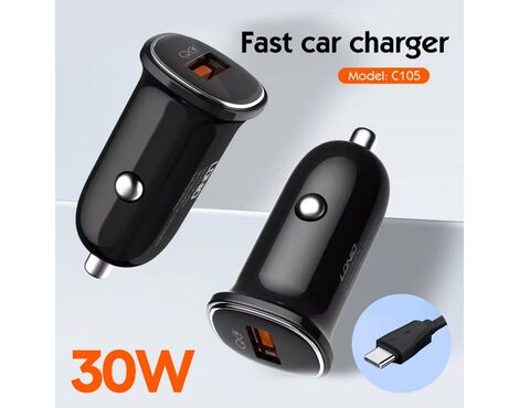 Auto punjac LDNIO C105, QC3.0, 30W USB Type C crni.