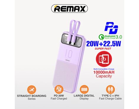 Univerzalna Back Up Baterija with 2 Fast Charging Cables REMAX Stervui Series RPP-619 PD 20W+ QC 22.5W 10000mAh ljubicasti.