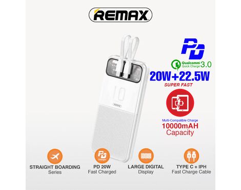 Univerzalna Back Up Baterija with 2 Fast Charging Cables REMAX Stervui Series RPP-619 PD 20W+ QC 22.5W 10000mAh beli.