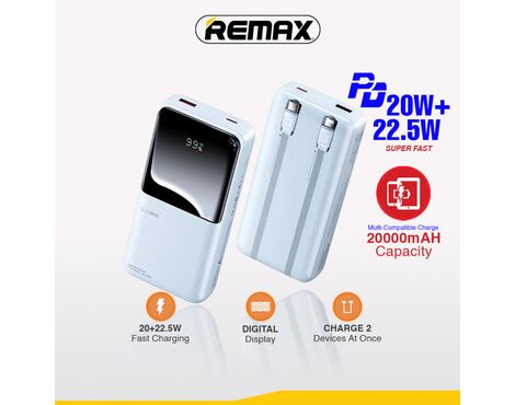 Univerzalna Back Up Baterija with 2 Fast Charging Cables REMAX Cynlle Series RPP-680 PD 20W+QC 22.5W 20000mAh plavi.