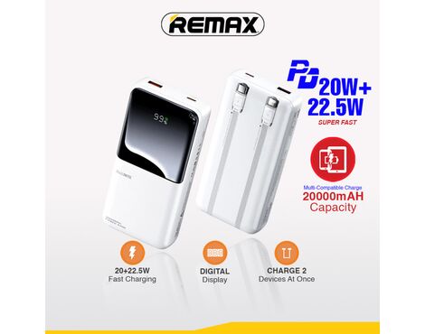 Univerzalna Back Up Baterija with 2 Fast Charging Cables REMAX Cynlle Series RPP-680 PD 20W+QC 22.5W 20000mAh beli.