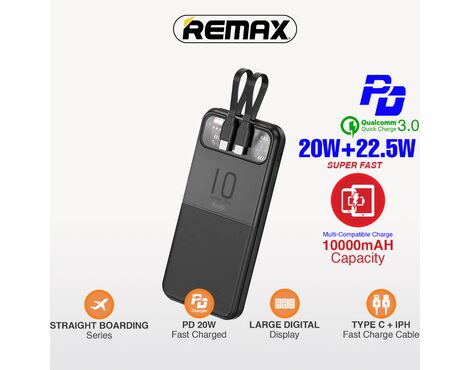 Univerzalna Back Up Baterija with 2 Fast Charging Cables REMAX Stervui Series RPP-619 PD 20W+ QC 22.5W 10000mAh crni.