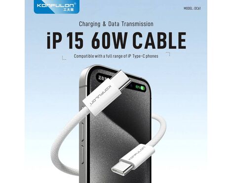 Data kabl KONFULON DC61 PD 60W Super Fast Charge - iPhone 15 Type C na Type C beli 1m.