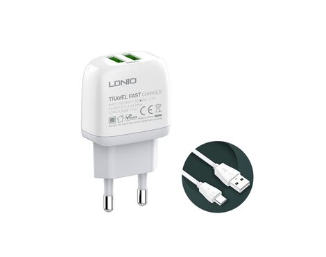 Kucni punjac LDNIO A2219 2xUSB 5V 2.4A 12W sa Type C kablom beli.