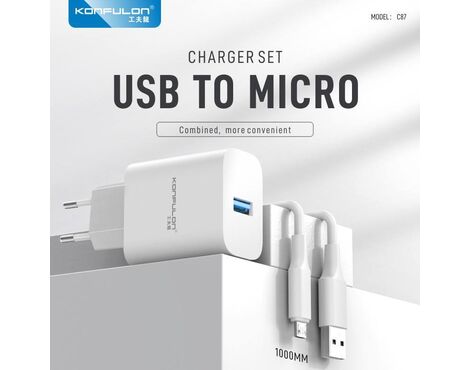 Kucni punjac KONFULON C87, 3A, 15W, sa micro USB kablom white (beli).