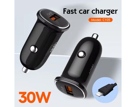 Auto punjac LDNIO C105, QC3.0, 30W USB Lightning crni.