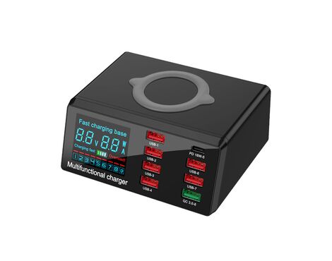 Multi USB punjac WLX-X9 sa LCD-om/8 USB portova+Wireless punjac crni.