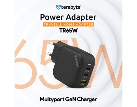 Punjac univerzalni Terabyte TR65W, GaN, PPS, PD 3.0, QC 3.0, 65W sa PD Type c kablom crni CE.