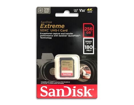 Memorijska kartica SanDisk SDXC 256GB Extreme, 180MB/s UHS-I Class 10 U3 V30.