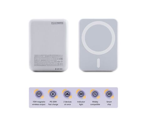 Univerzalna Back Up Baterija prenosiva baterija Magsafe REMAX RPP-509 Fantasy Series PD 20W + Wireless 15W Fast Charging 5000mAh beli.