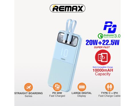 Univerzalna Back Up Baterija prenosiva baterija REMAX Stervui Series RPP-619 PD 20W+ QC 22.5W 10000mAh plavi.