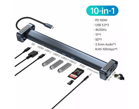 Adapter Type C JWD-TC45 na LAN, PD, HDMI, Type C, 3x USB 3.0, SD, TF, 3.5mm 10 u 1 sivi.