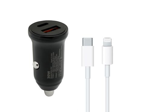Auto punjac 30W USB-A + Type-C ulaz sa Type-C na Lightning kablom sivi (MS).