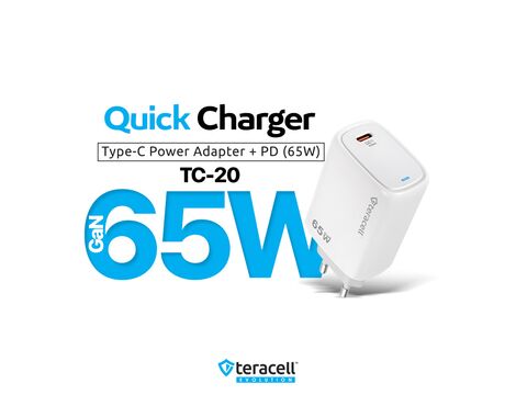 Kucni punjac Teracell Evolution TC-20, GAN, PD Fast charging 65W sa PD type C kablom beli CE.