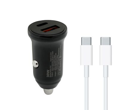 Auto punjac 30W USB-A + Type-C ulaz sa Type-C na Type-C kablom sivi (MS).
