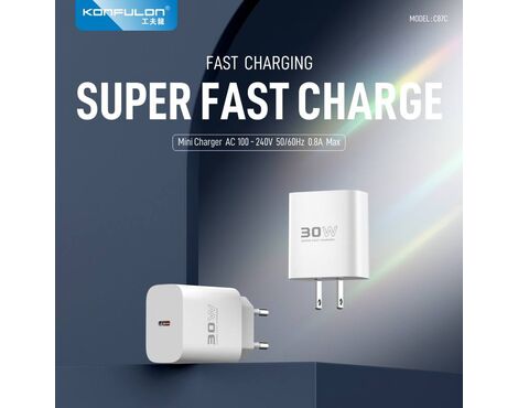 Kucni punjac KONFULON C87c + DL50, 30W, sa PD kablom Type C na iPhone lightning beli.