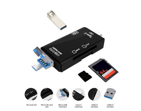 Citac kartica USB JWD 6u1 OTG crni.