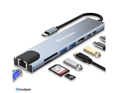 Adapter Terabyte Type C na RJ45 2xUSB 3.0 HDMI 2xPD SD TF 8 u 1 sivi.