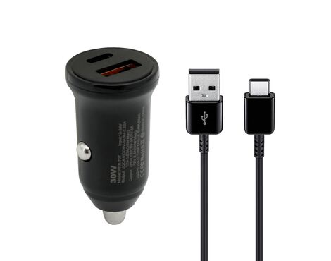 Auto punjac 30W USB-A + Type-C ulaz sa USB-A na Type-C kablom sivi (MS).