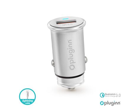Auto punjac Pluginn PI-20 QC 3.0, 3A, 18W, sa lightning kablom srebrni.