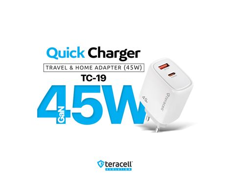 Kucni punjac Teracell Evolution TC-19, GAN, QC, PD Fast charging 45W sa PD type C kablom beli CE.