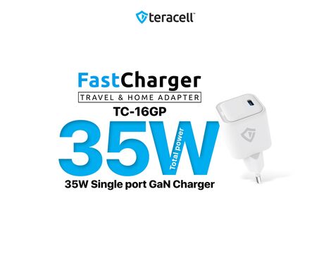 Kucni punjac Teracell Evolution TC-16GP, GaN, PD 3.0, 35W sa PD iPhone lightning kablom beli CE.